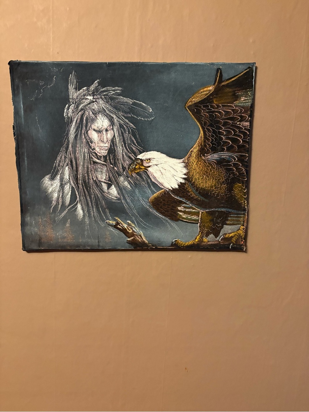 1970's Vintage Black Velvet oil  Painting Native American & Bald Eagle